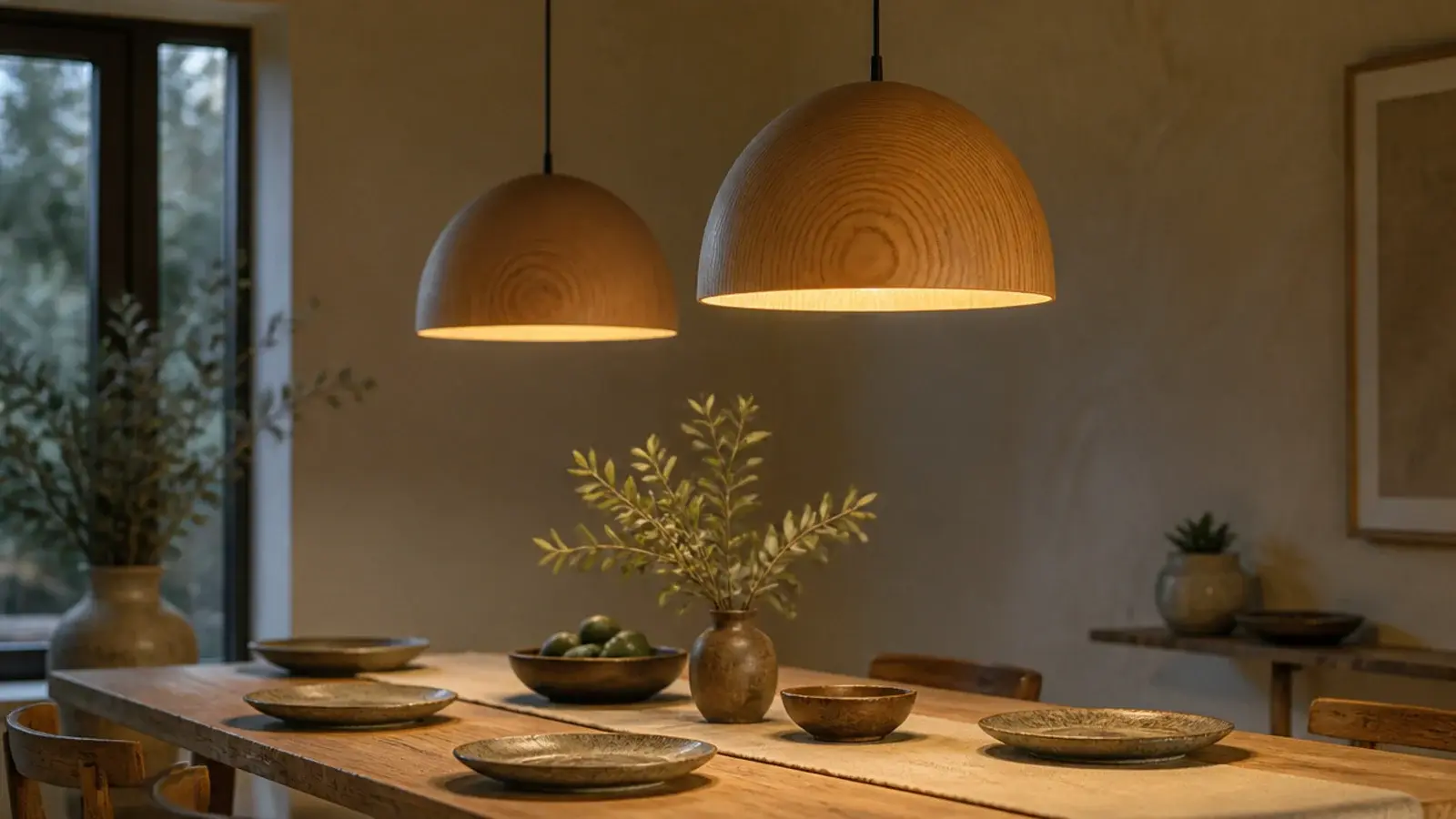 wooden hanging lights in turned oak glowing above a timber table