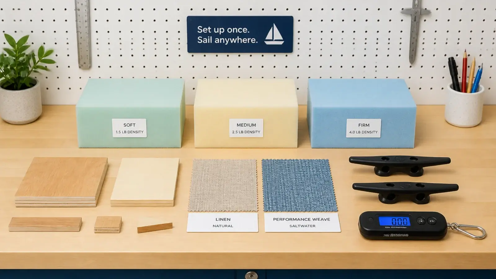 material samples and a weight test setup for headboard construction
