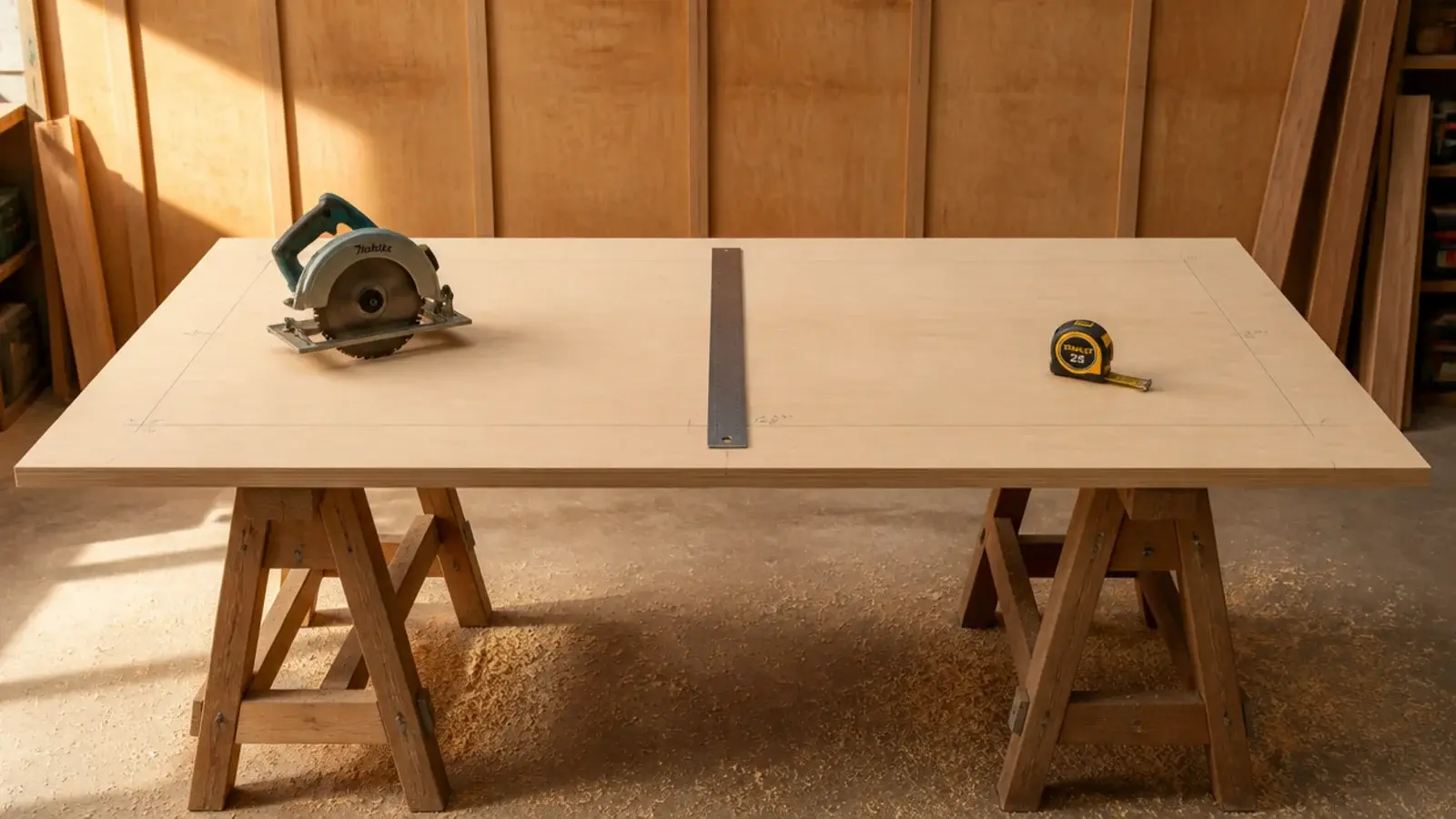 birch plywood sheet marked and cut as a headboard panel backer