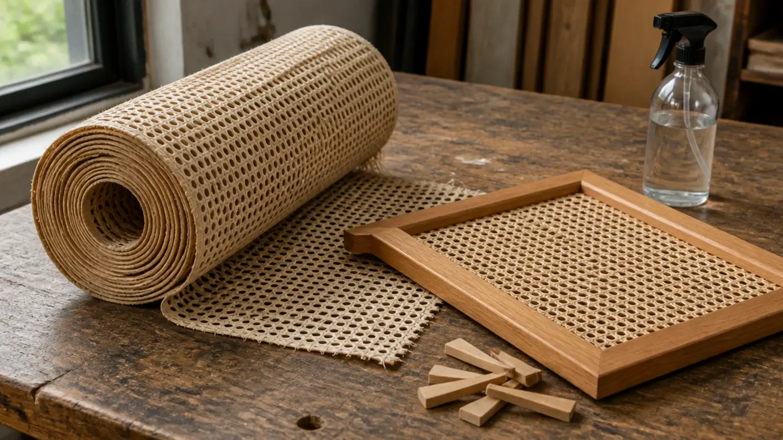 roll of pre-woven cane webbing beside a slim oak headboard frame