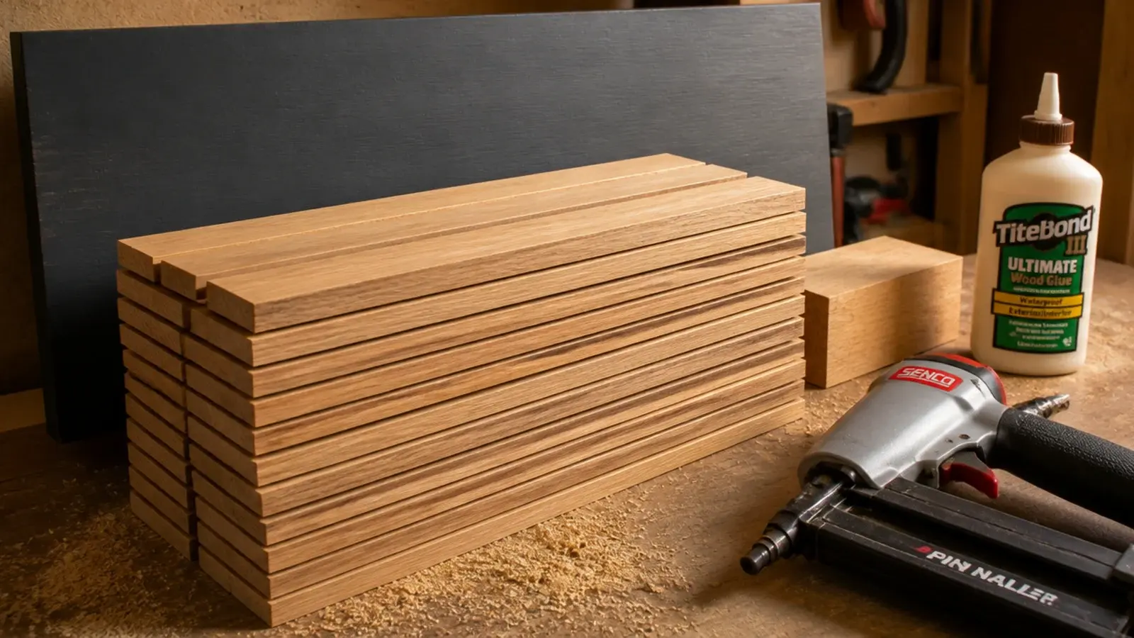 stack of oak slats ready to build a slatted headboard panel