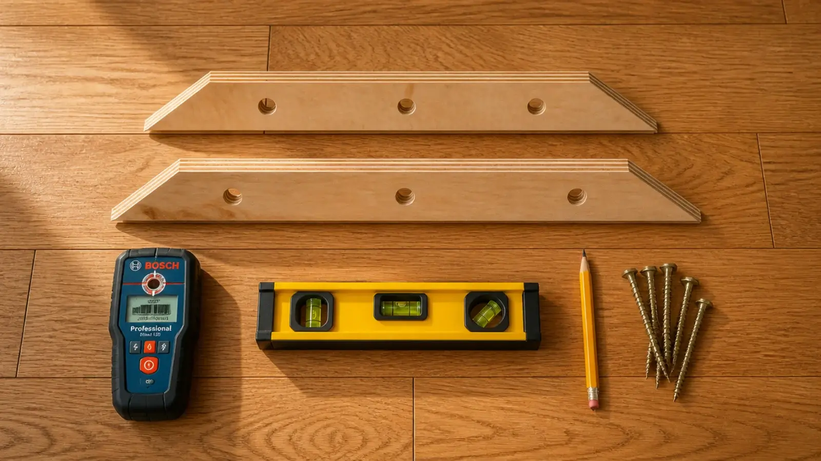 french cleat pair and structural screws laid out for headboard mounting
