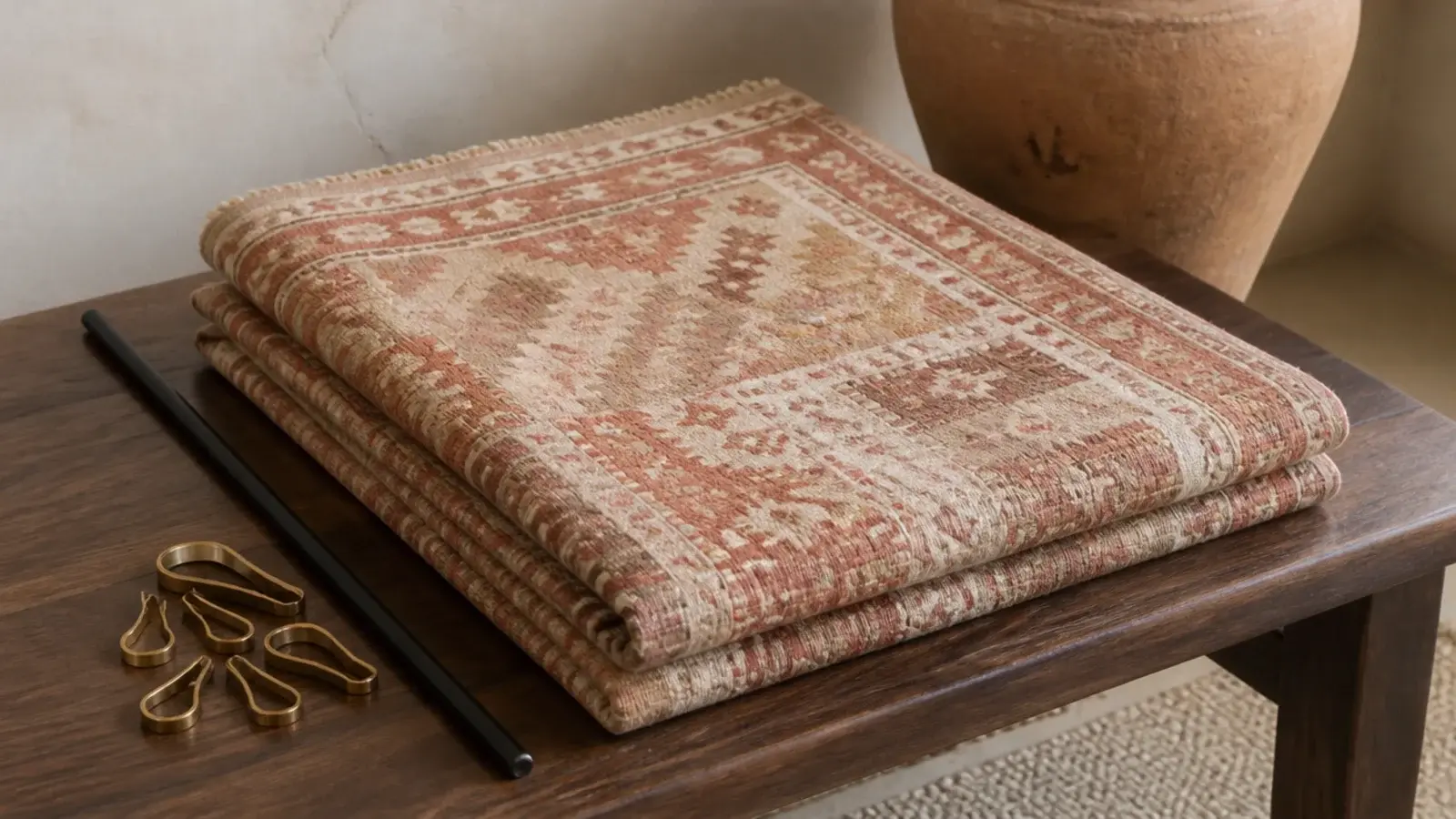 folded vintage kilim flatweave chosen as a hanging headboard textile