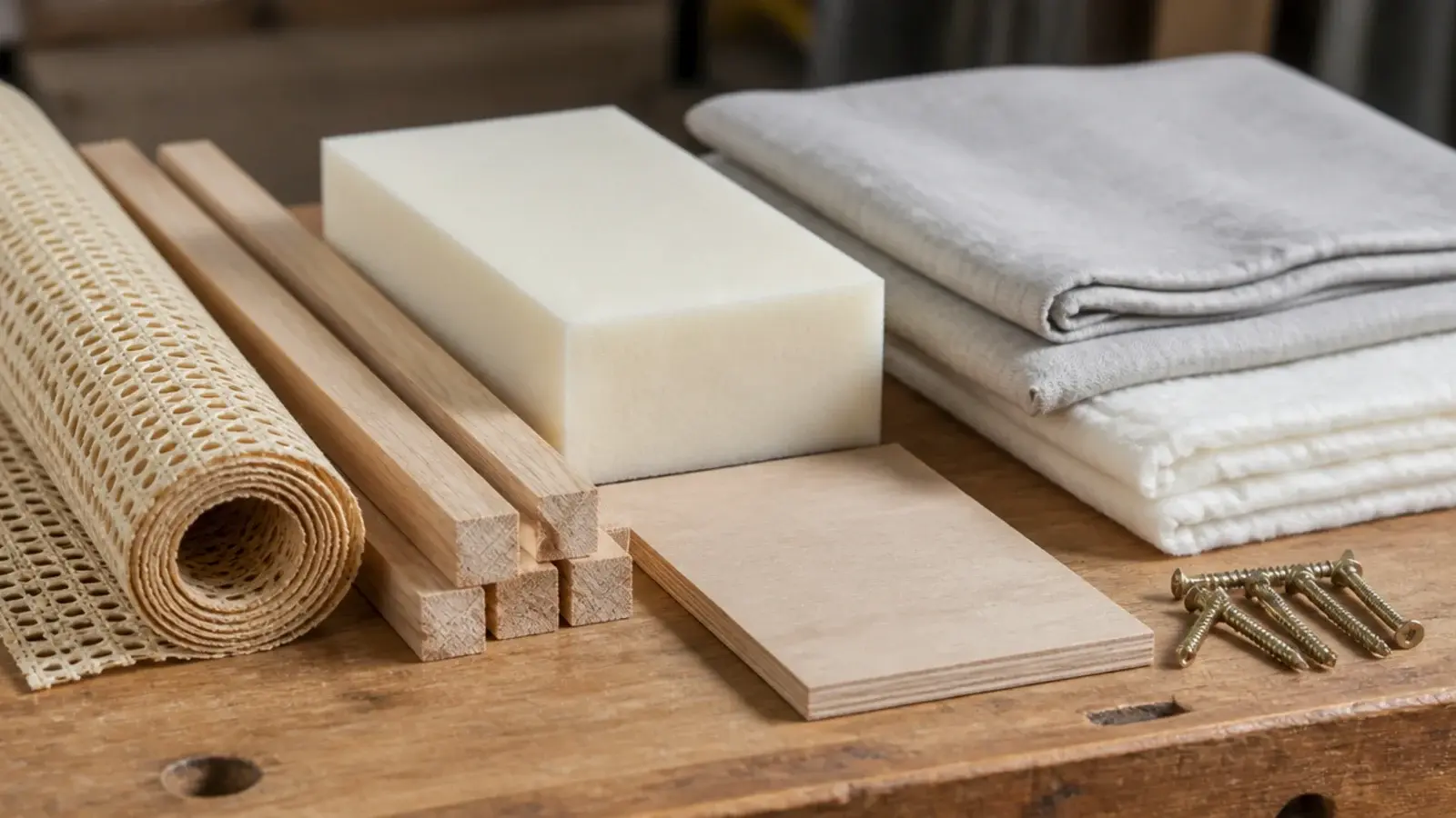 headboard materials laid out in oak cane linen and foam samples