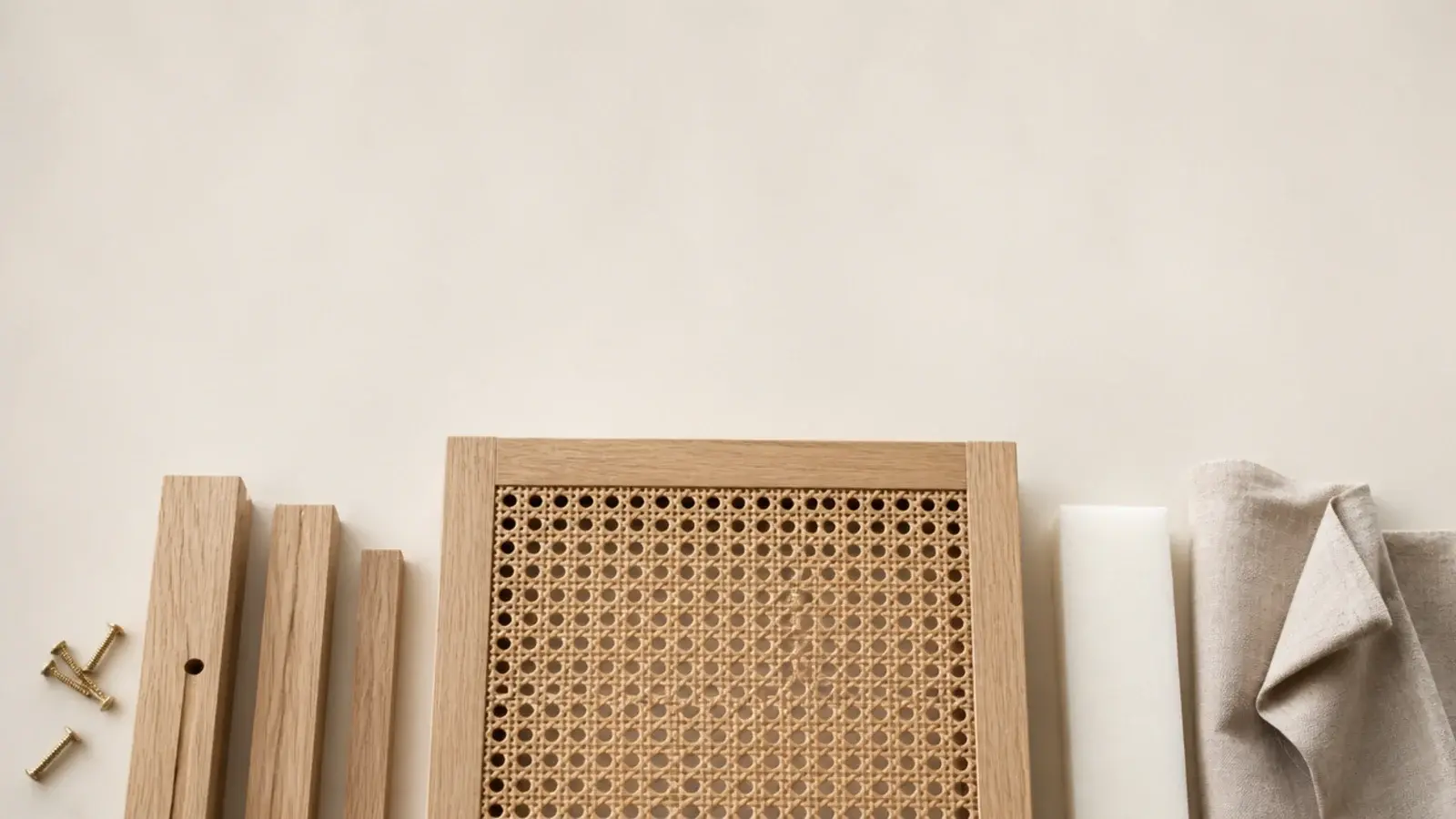 vertical guide image of headboard materials in oak cane and linen