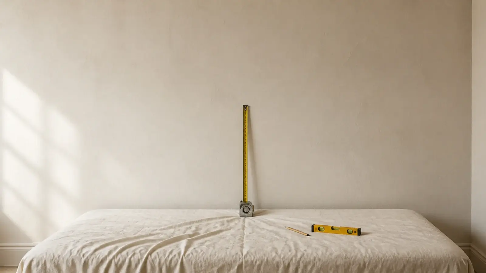 tape measure showing headboard height above a bare mattress against a cream wall