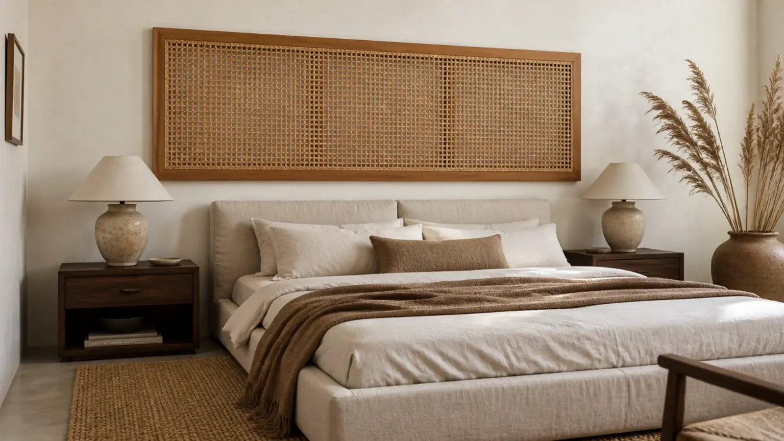 woven cane headboard panel mounted flush above a low linen bed