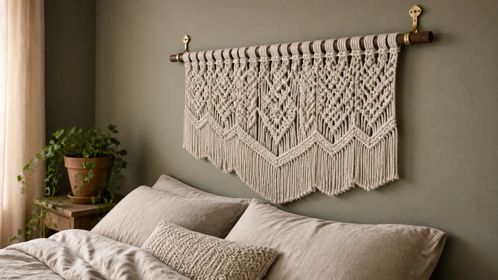 macrame headboard hanging from a wooden dowel above stacked linen pillows