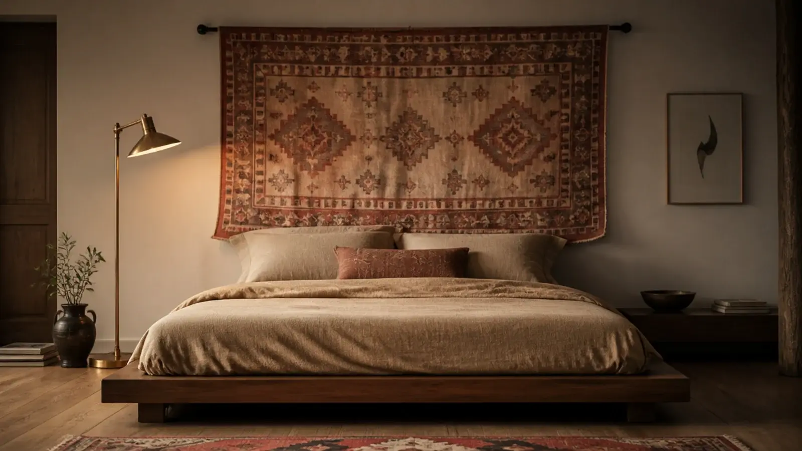 vintage kilim rug hung as a headboard above a low platform bed