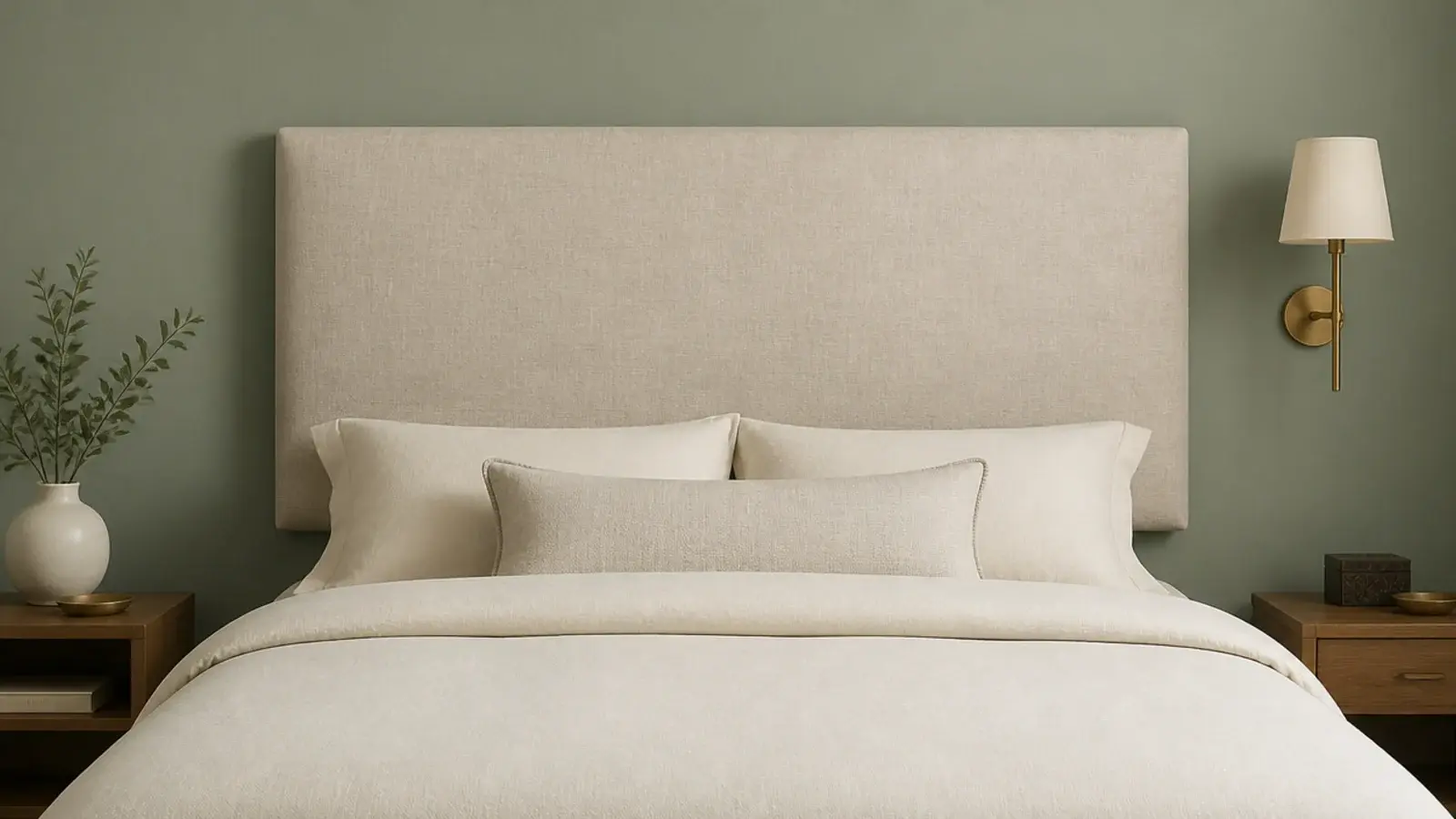 no-sew linen headboard panel padded with foam above a queen bed
