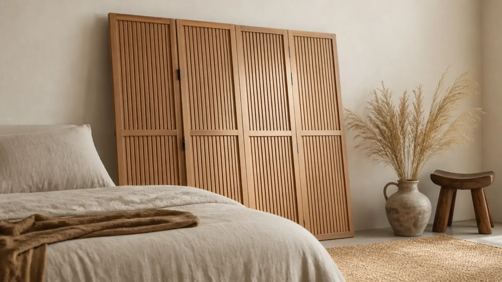 slatted oak screen leaning against the wall behind a made bed