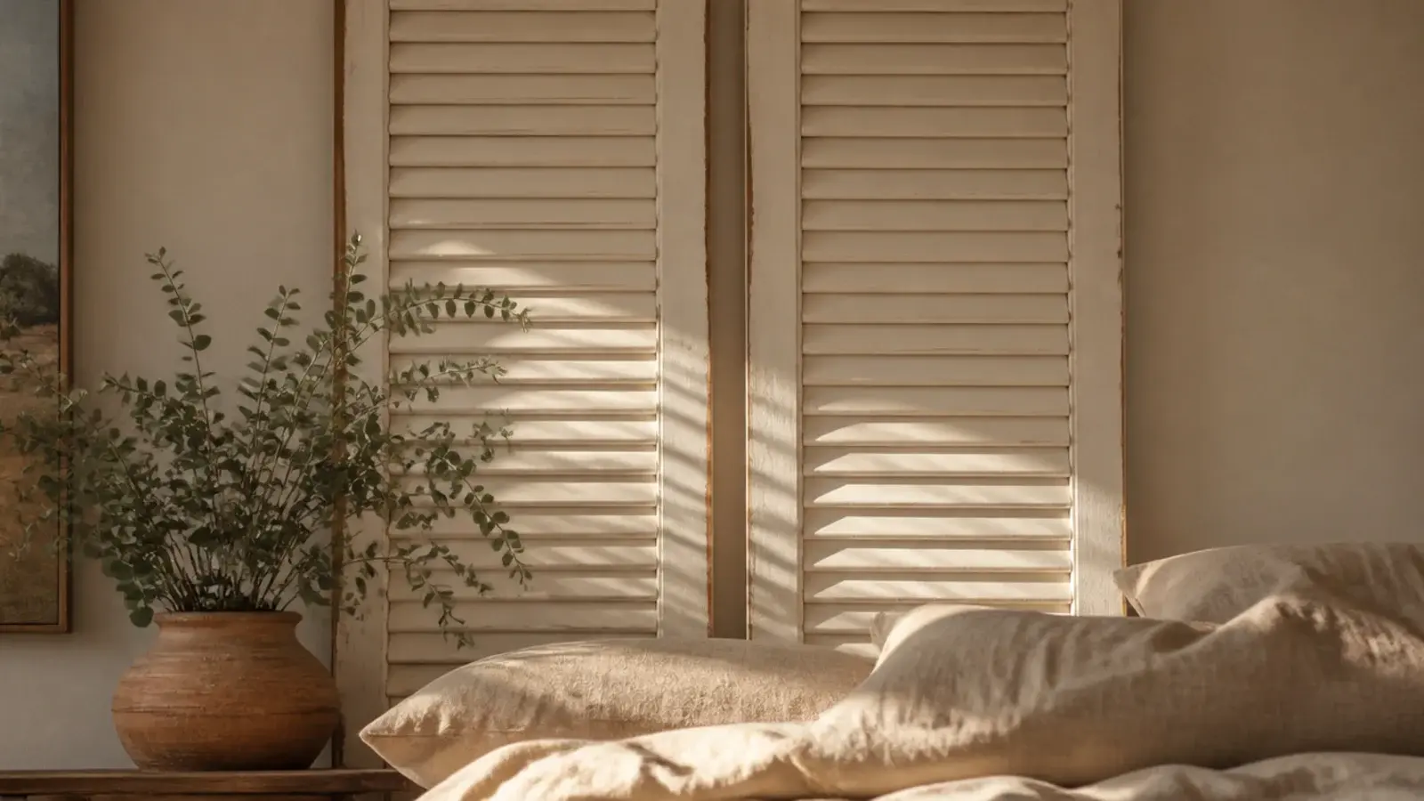 pair of thrifted louvered shutters standing behind a low linen bed