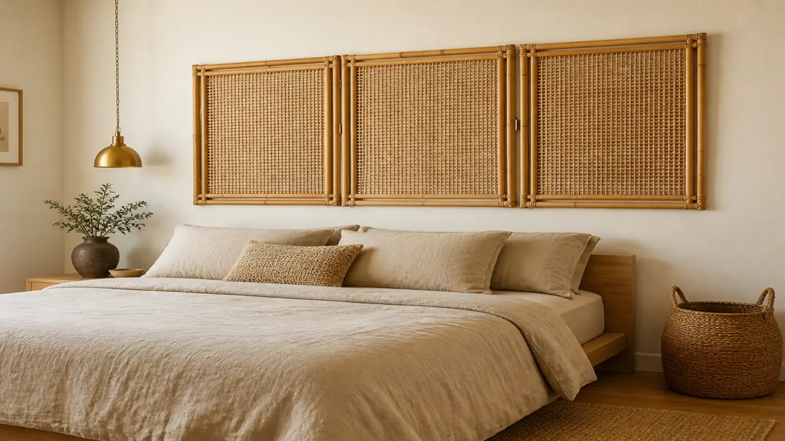 rattan room divider mounted flat as a wide headboard panel