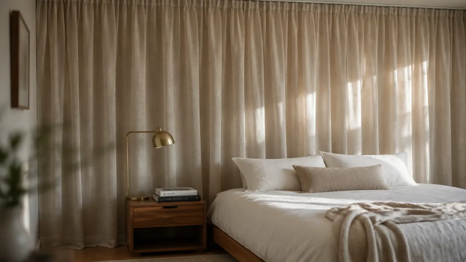 floor to ceiling linen curtain hung as a soft headboard wall
