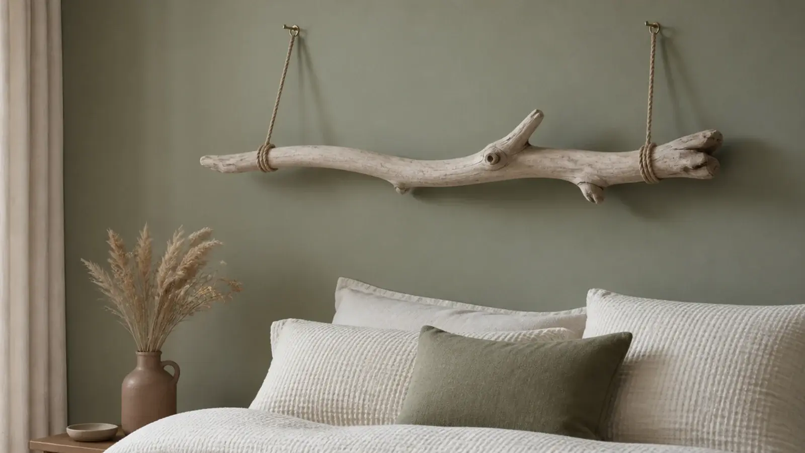 driftwood branch suspended on cotton rope above a low bed