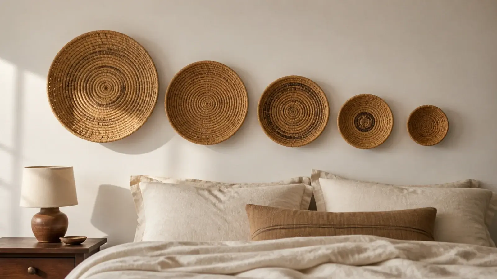 row of flat woven baskets hung above a bed as a headboard