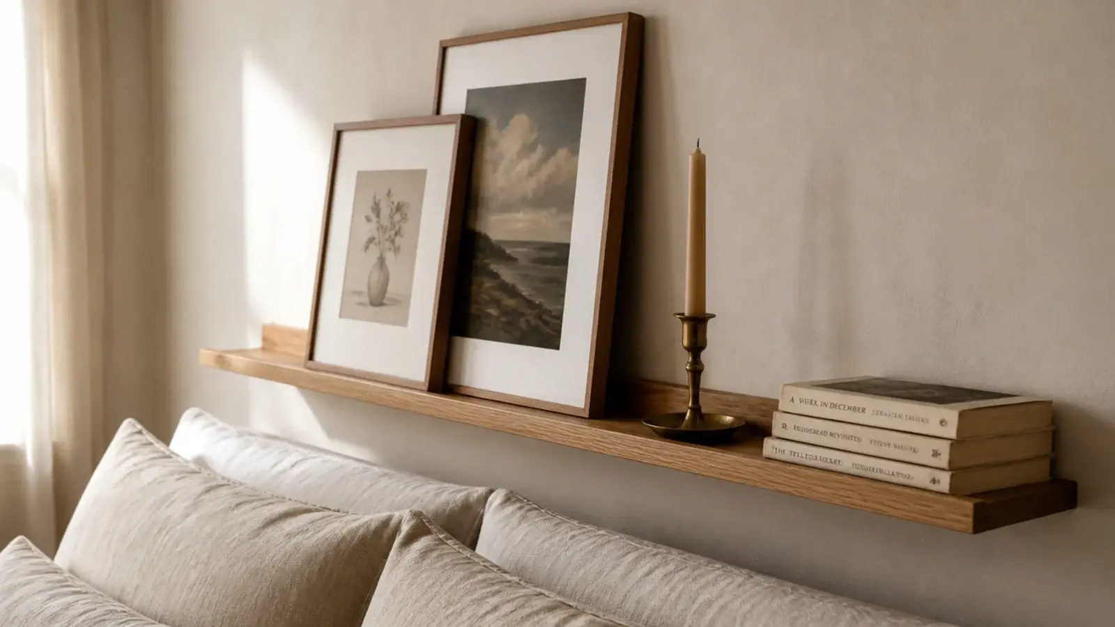 narrow oak picture ledge above a bed holding leaning art and books