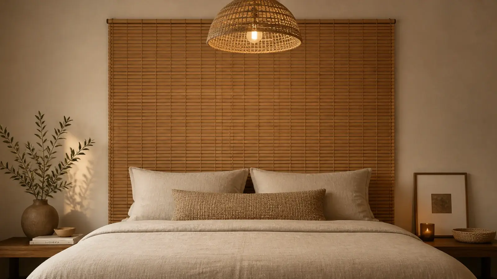 bamboo blind mounted flat on the wall as a headboard panel