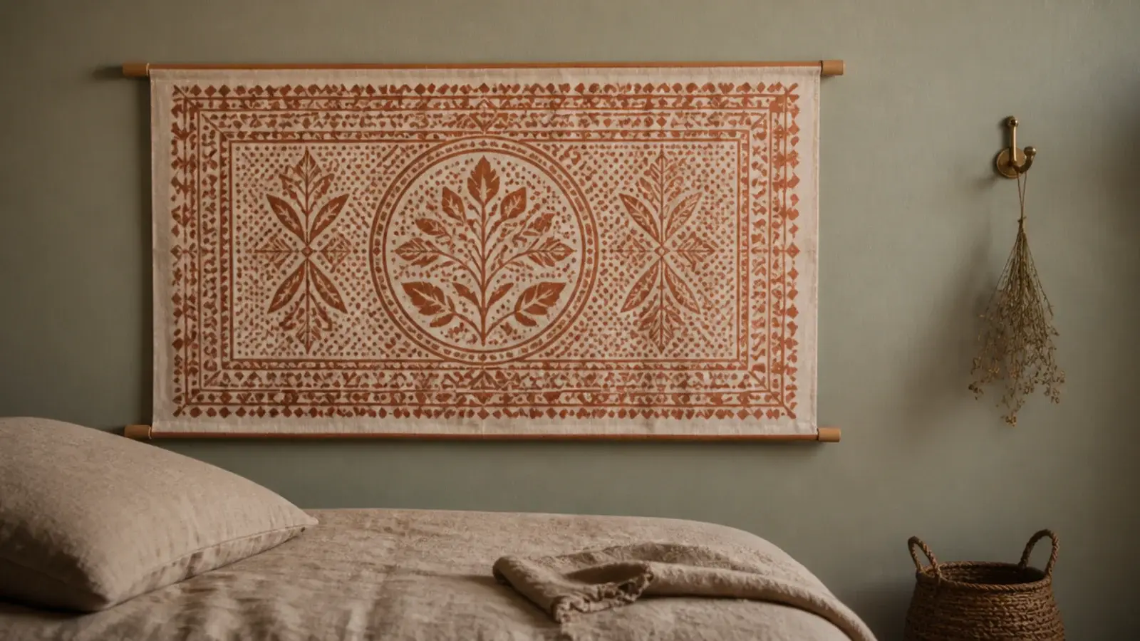 block printed cotton tapestry hung on dowels behind a linen bed