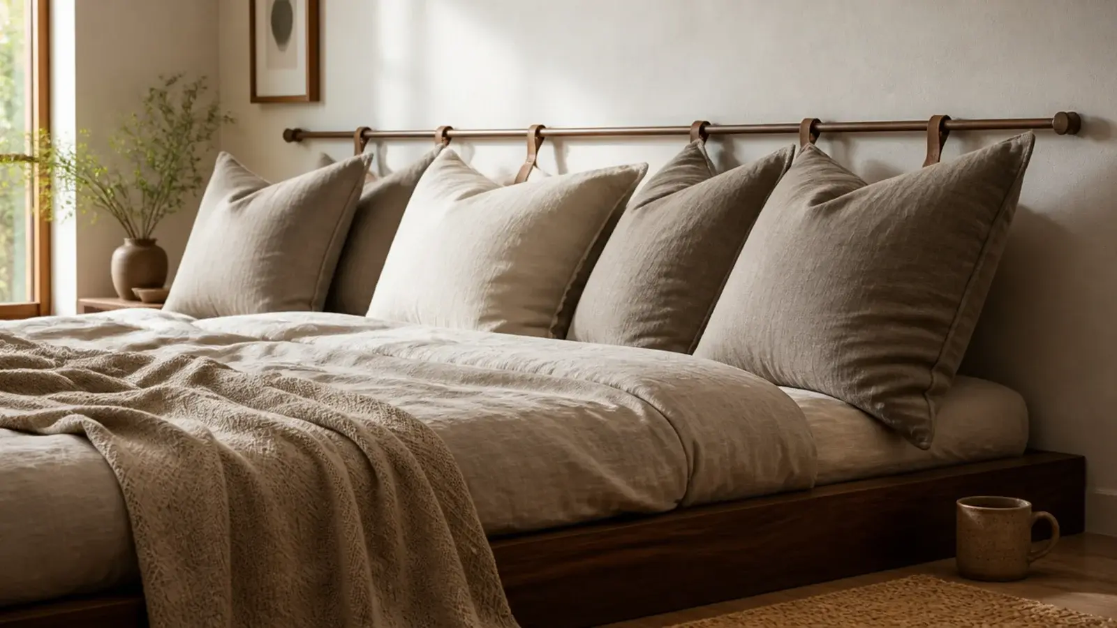 wall of stacked linen pillows on a rail behind a low bed