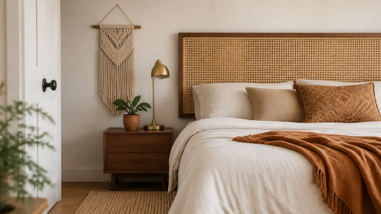 boho headboard of woven cane and macrame above a linen bed