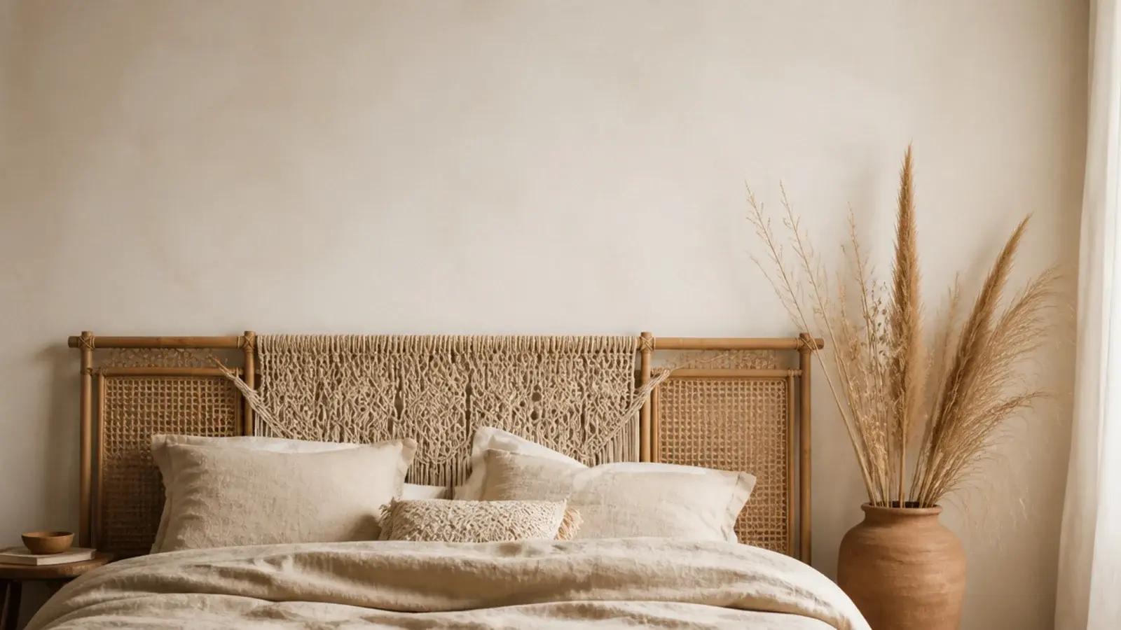 vertical view of a boho headboard wall in cane linen and macrame