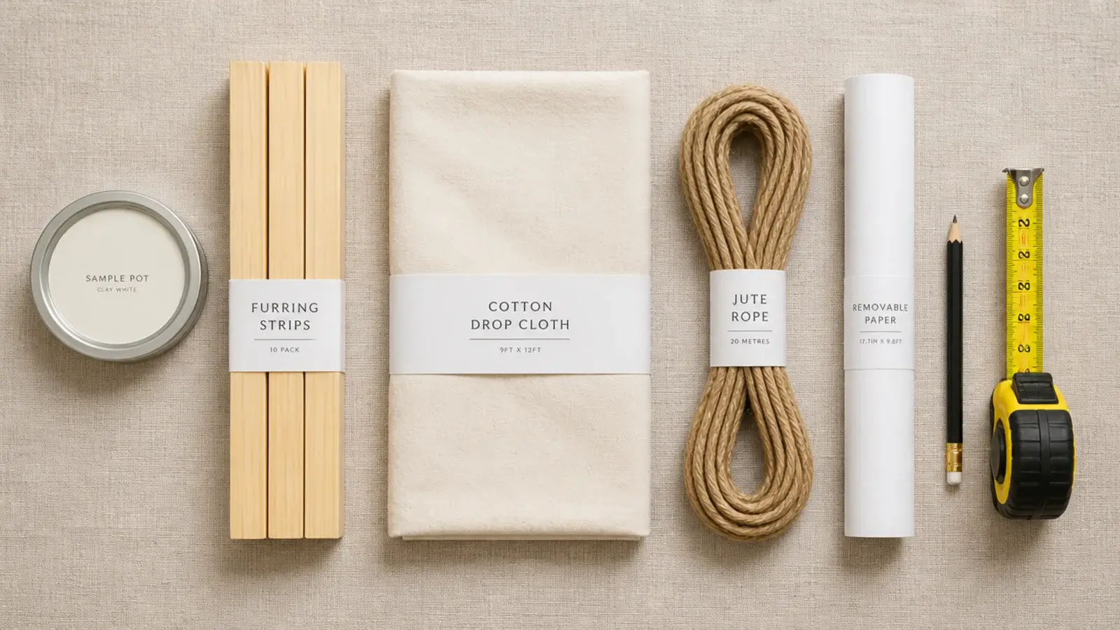 budget headboard materials laid out with price tags on a linen surface