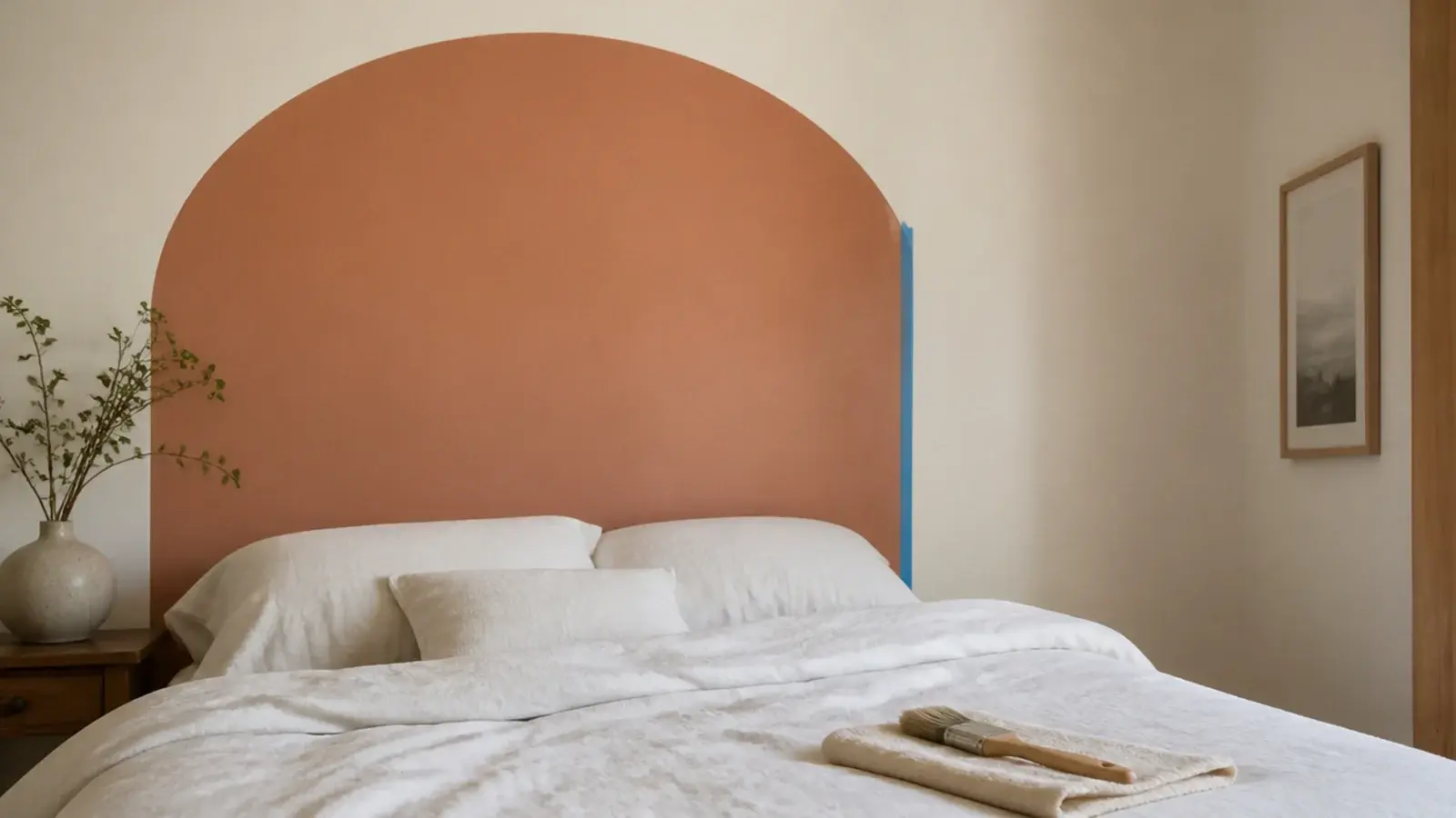 terracotta painted arch behind a bed made with a string and a pencil