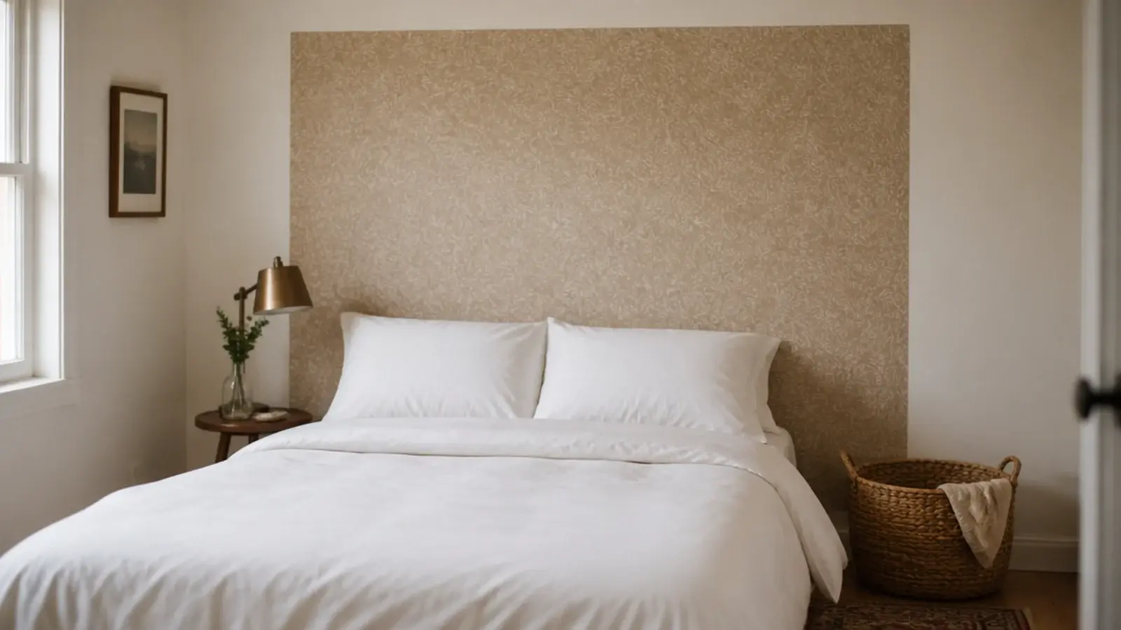 removable paper rectangle applied behind a bed in a rental bedroom