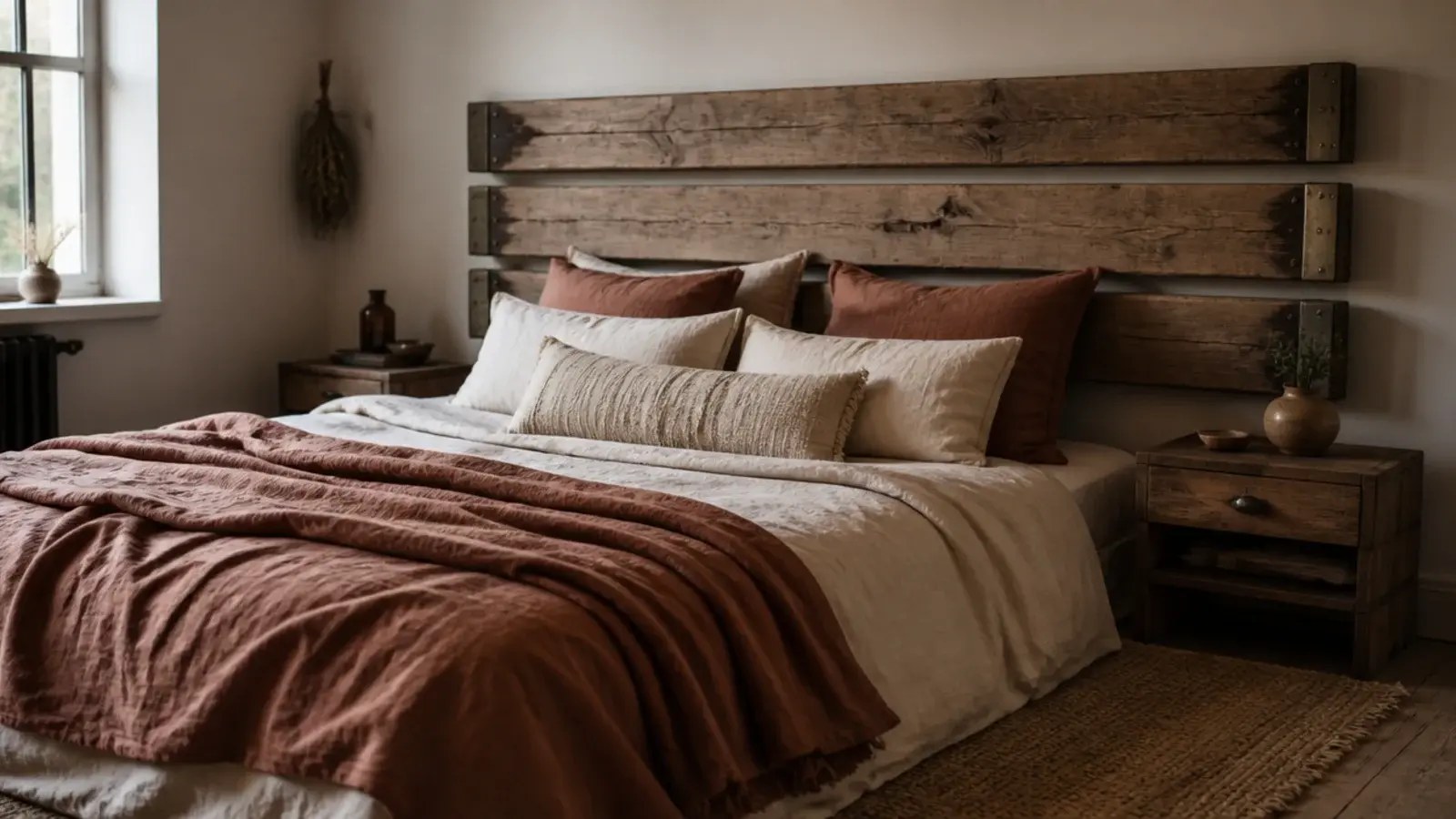 thick reclaimed scaffold boards mounted as a chunky low headboard panel