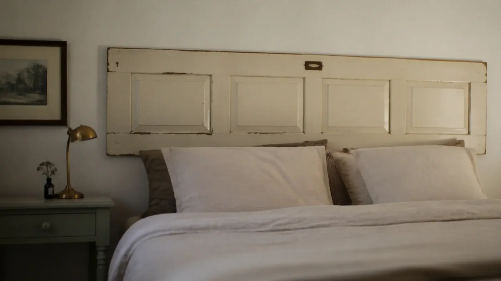 thrifted panelled door mounted horizontally as a wide budget headboard