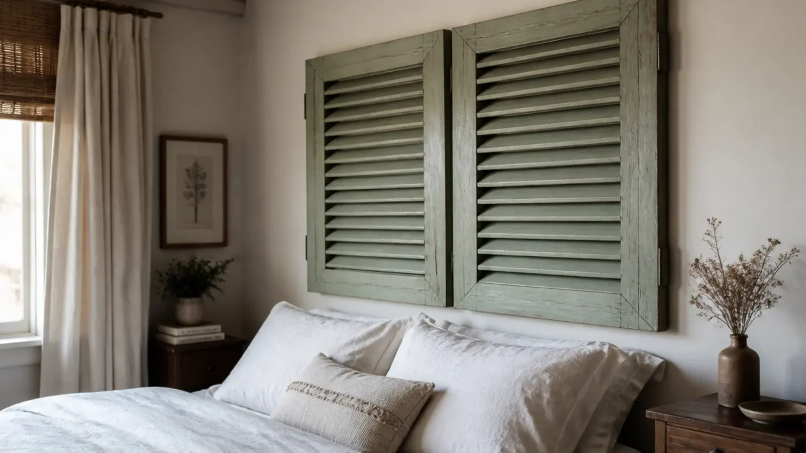 pair of salvaged louvered shutters mounted together as a cheap headboard