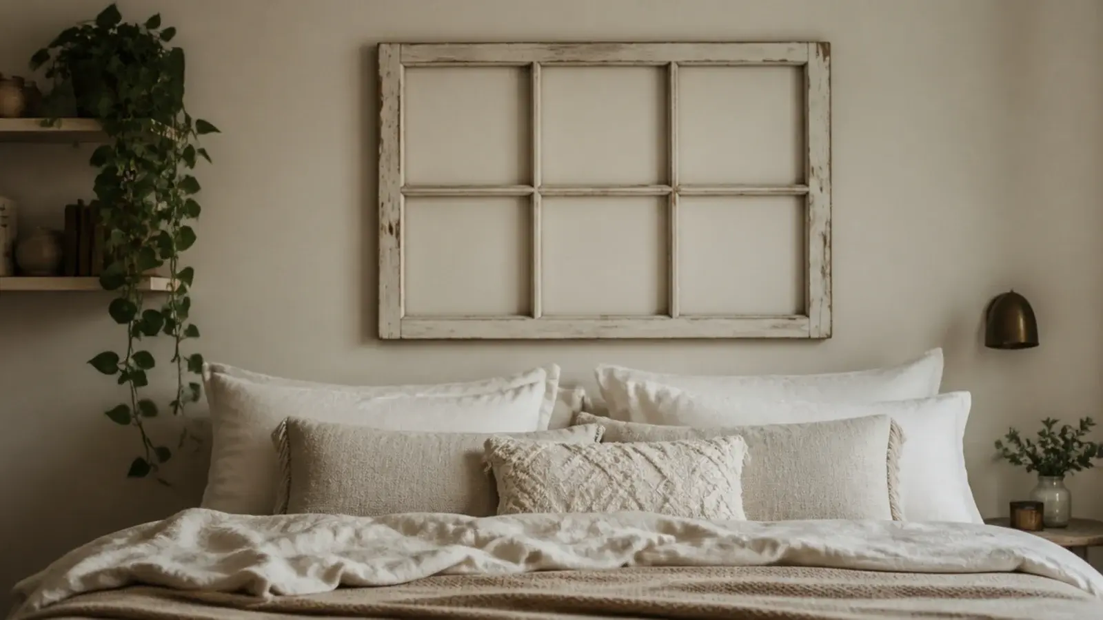 old multi pane window sash hung behind a bed with the glass taken out