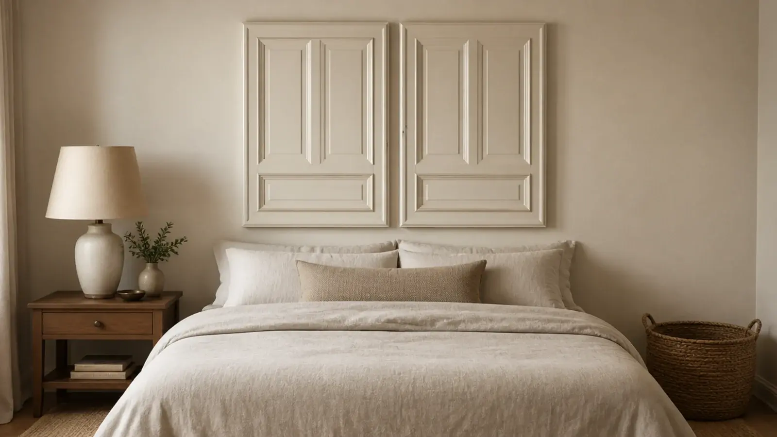 pair of thrifted panelled cabinet doors mounted as a small budget headboard