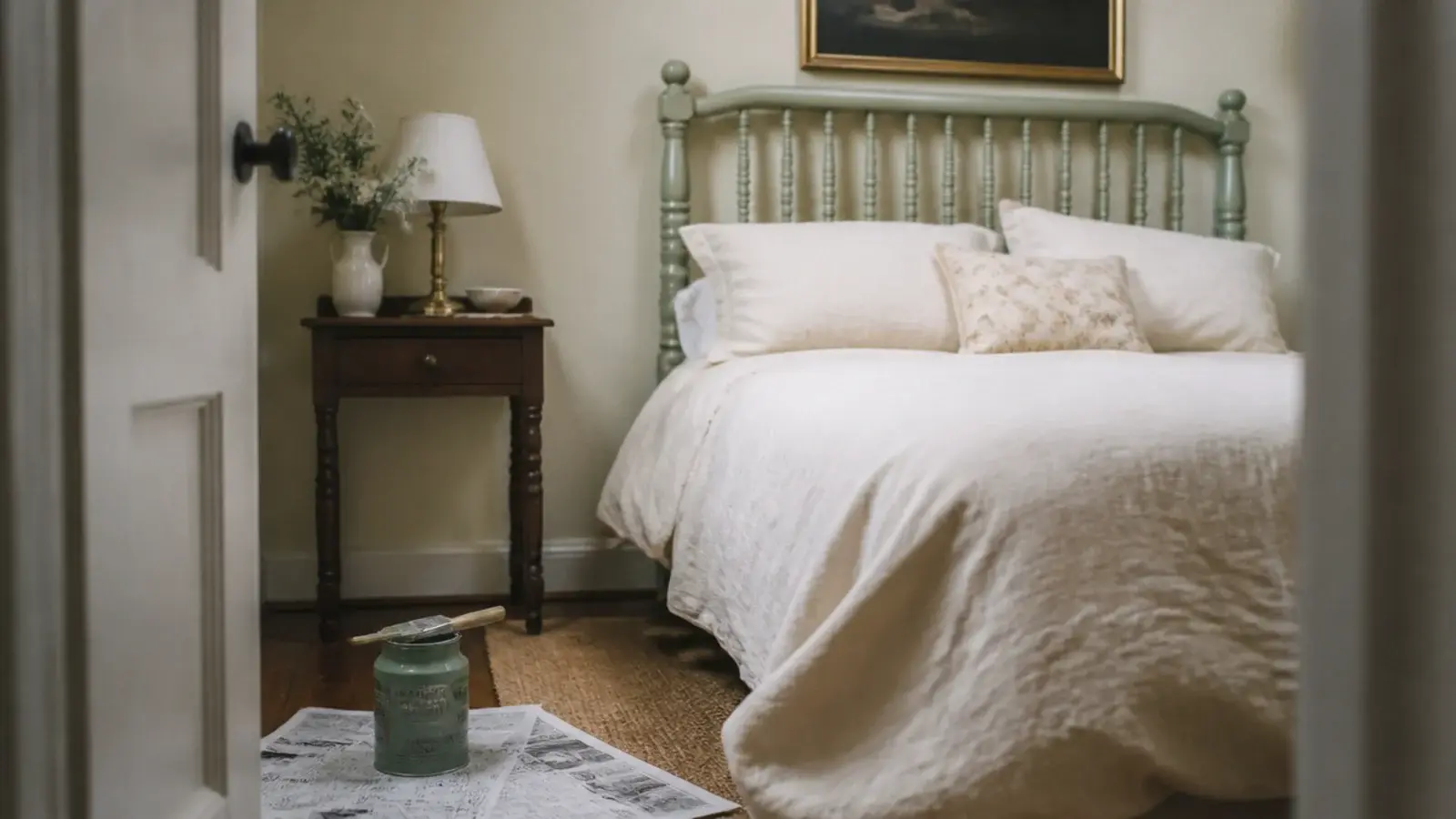 thrifted timber headboard repainted matte sage behind a made linen bed