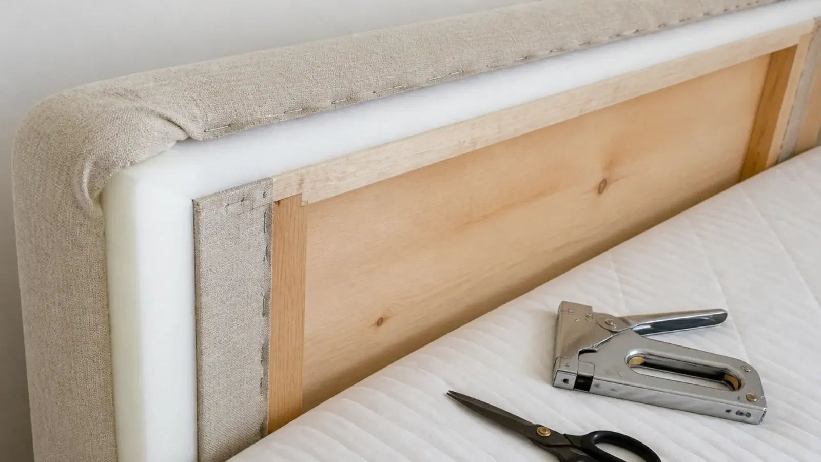 foam and fabric wrapped over a plain wooden headboard as a cheap upgrade