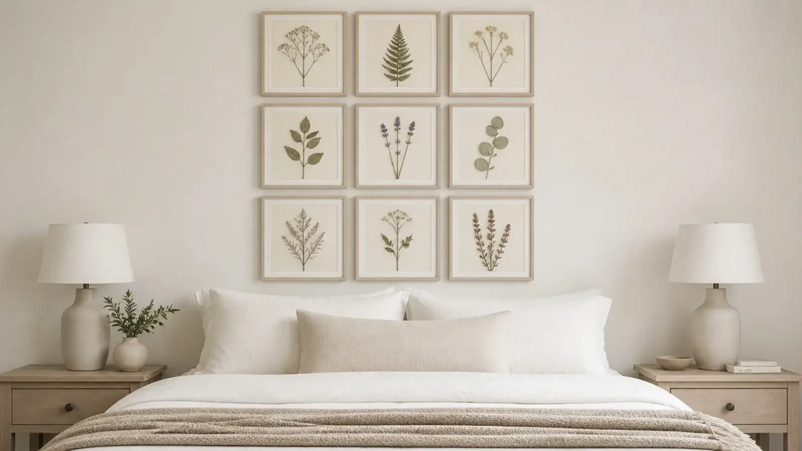 nine matching budget frames arranged in a grid above a simple linen bed