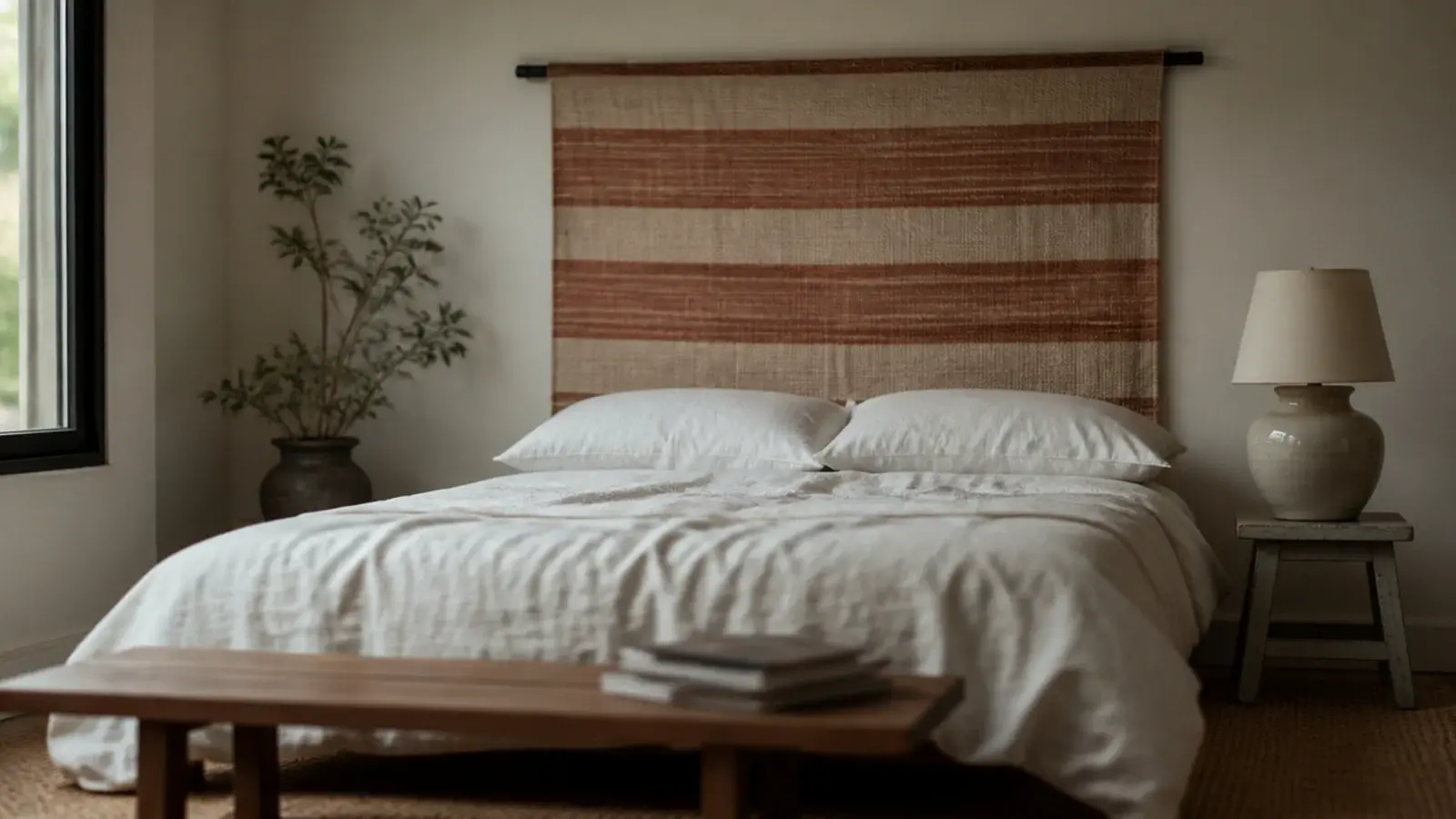 striped flat weave rug hung from a slim rod above a budget bedroom bed