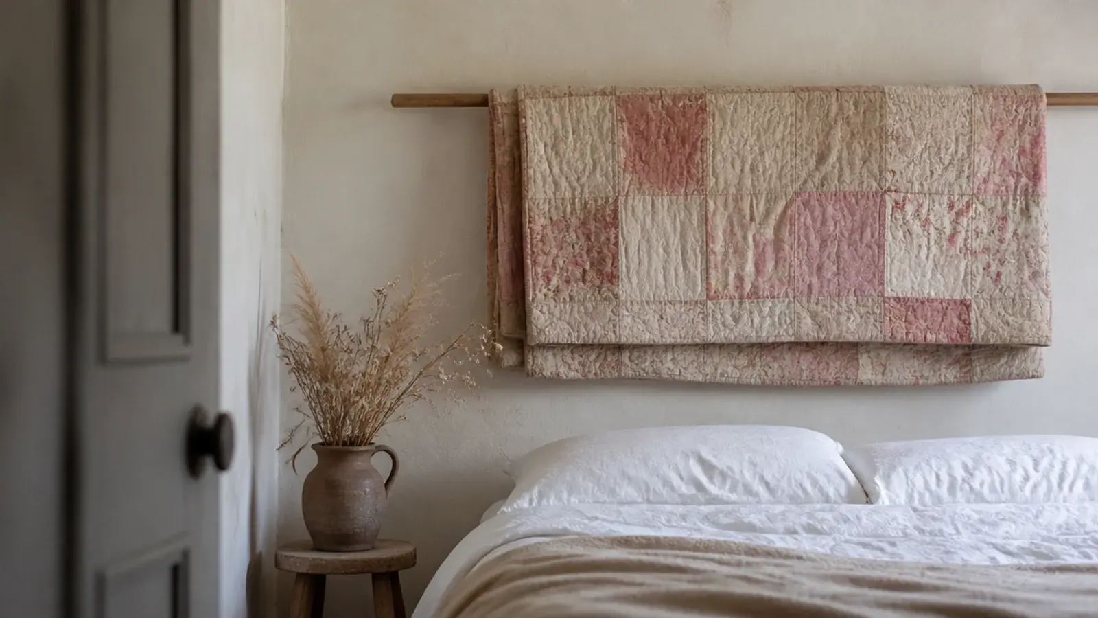 faded quilt folded double over a timber dowel above a plain bed