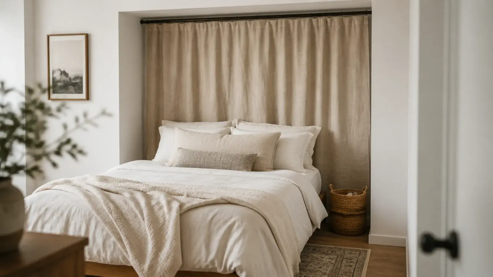 linen curtain panel on a tension rod hung behind a bed in an alcove