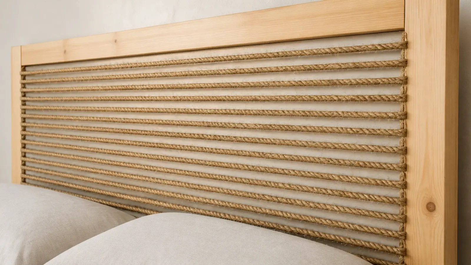 jute rope laced in rows across a plain pine frame above a bed