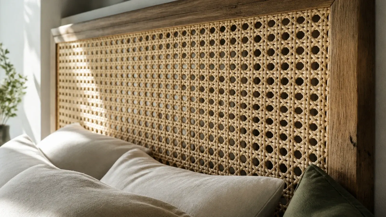 cane webbing stretched across a thrifted timber frame as a headboard