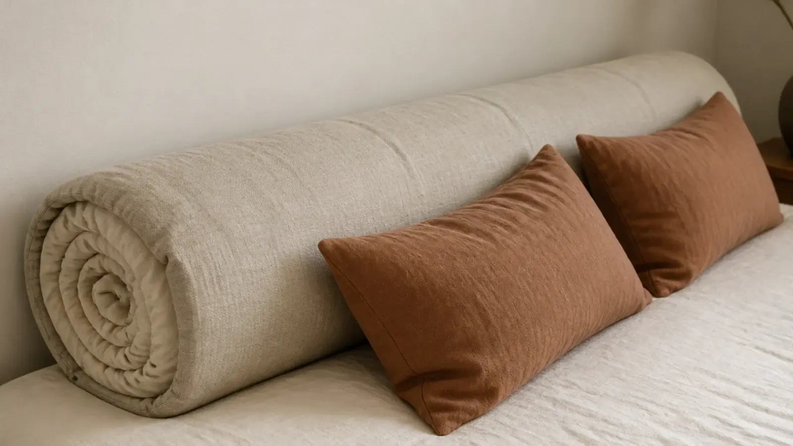 spare duvet rolled tight inside a linen cover forming a long bolster