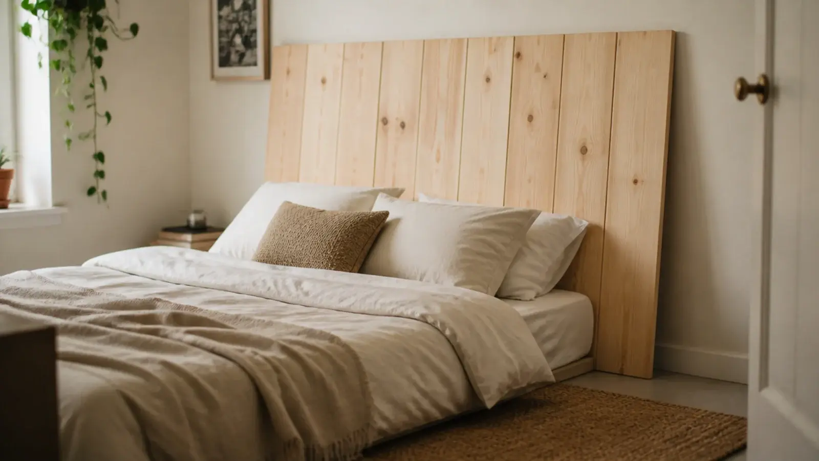 leaning plank panel resting behind a bed with no fixings in a rental