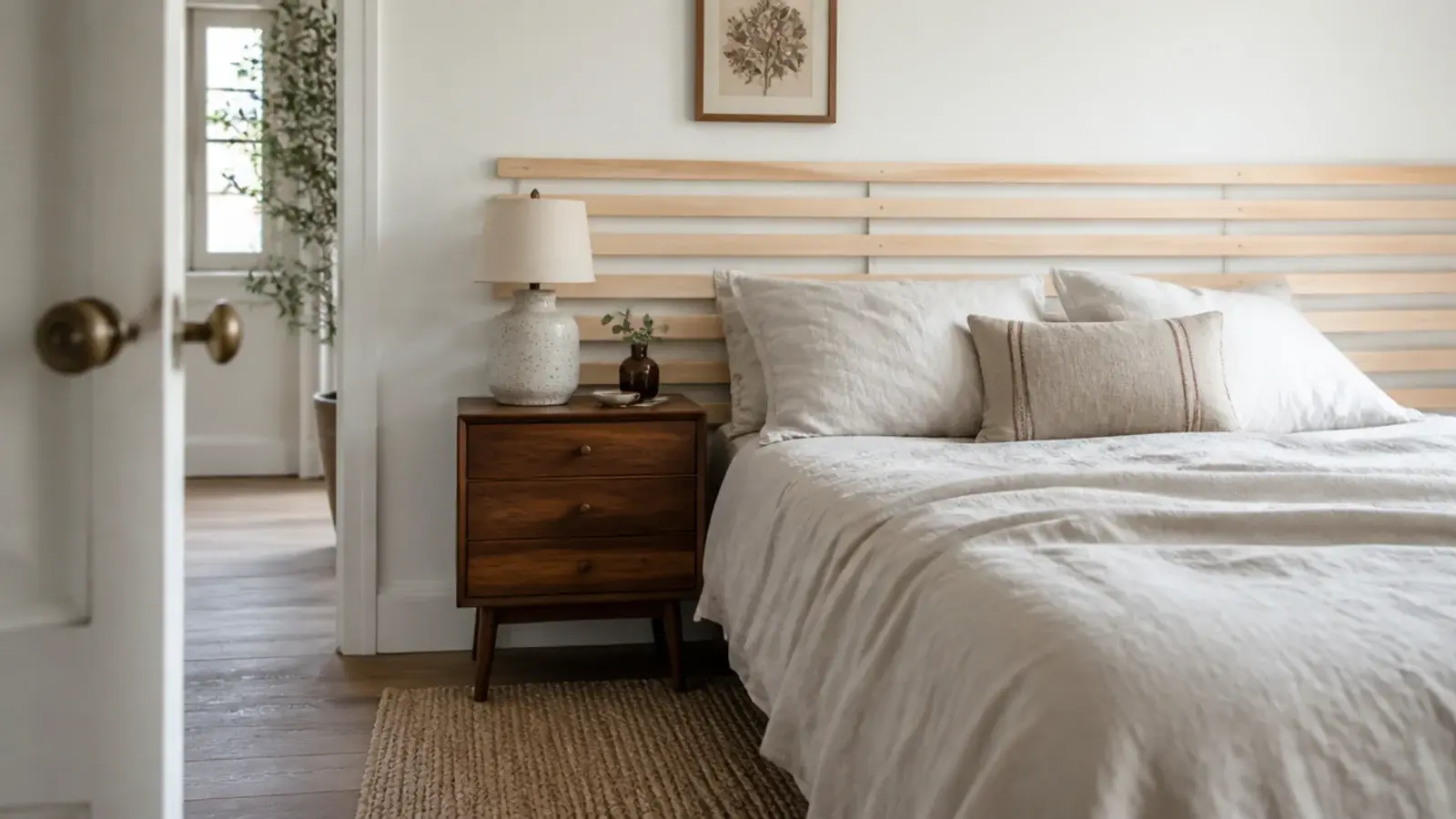 cheap slat headboard built from furring strips above a linen dressed bed
