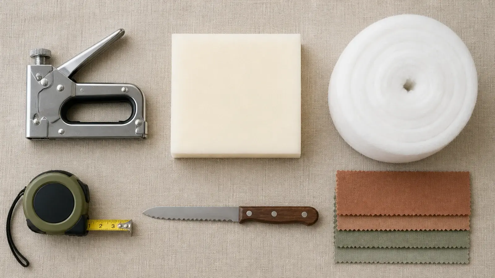 flat lay of staple gun foam batting and linen for upholstered headboard ideas