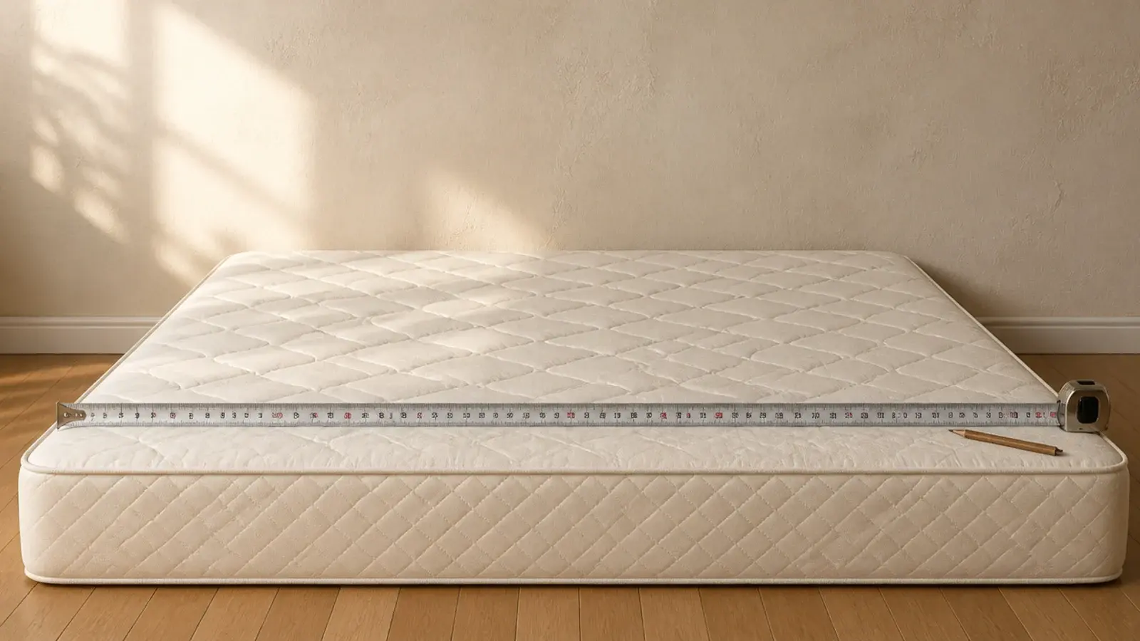 tape measure stretched across a bare queen mattress to size a headboard panel