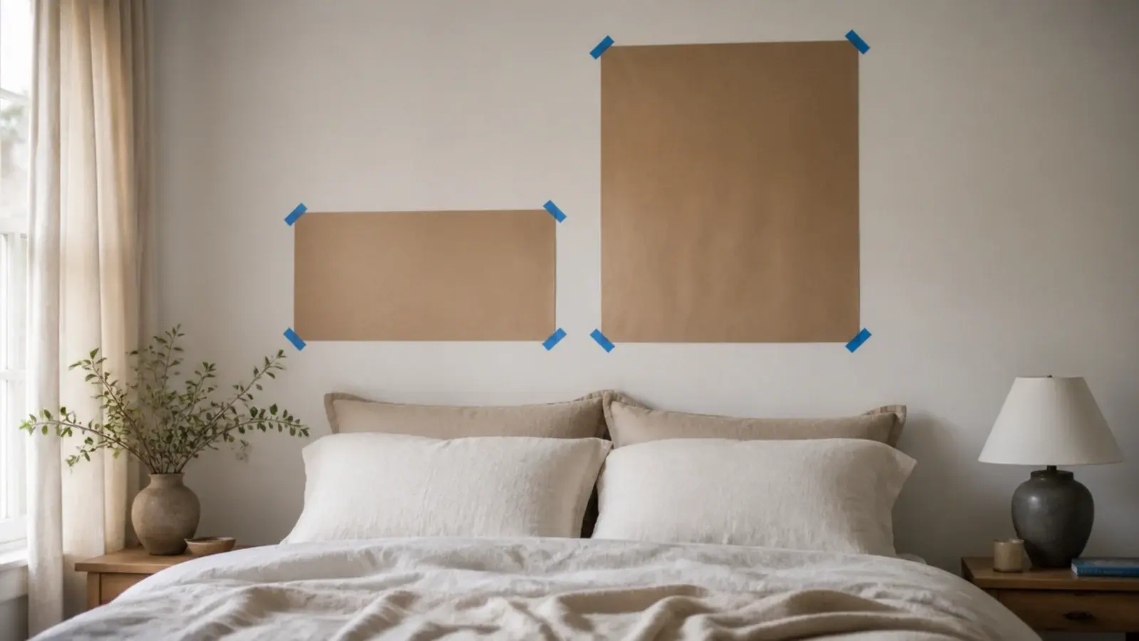 two paper templates taped to a bedroom wall showing headboard height options