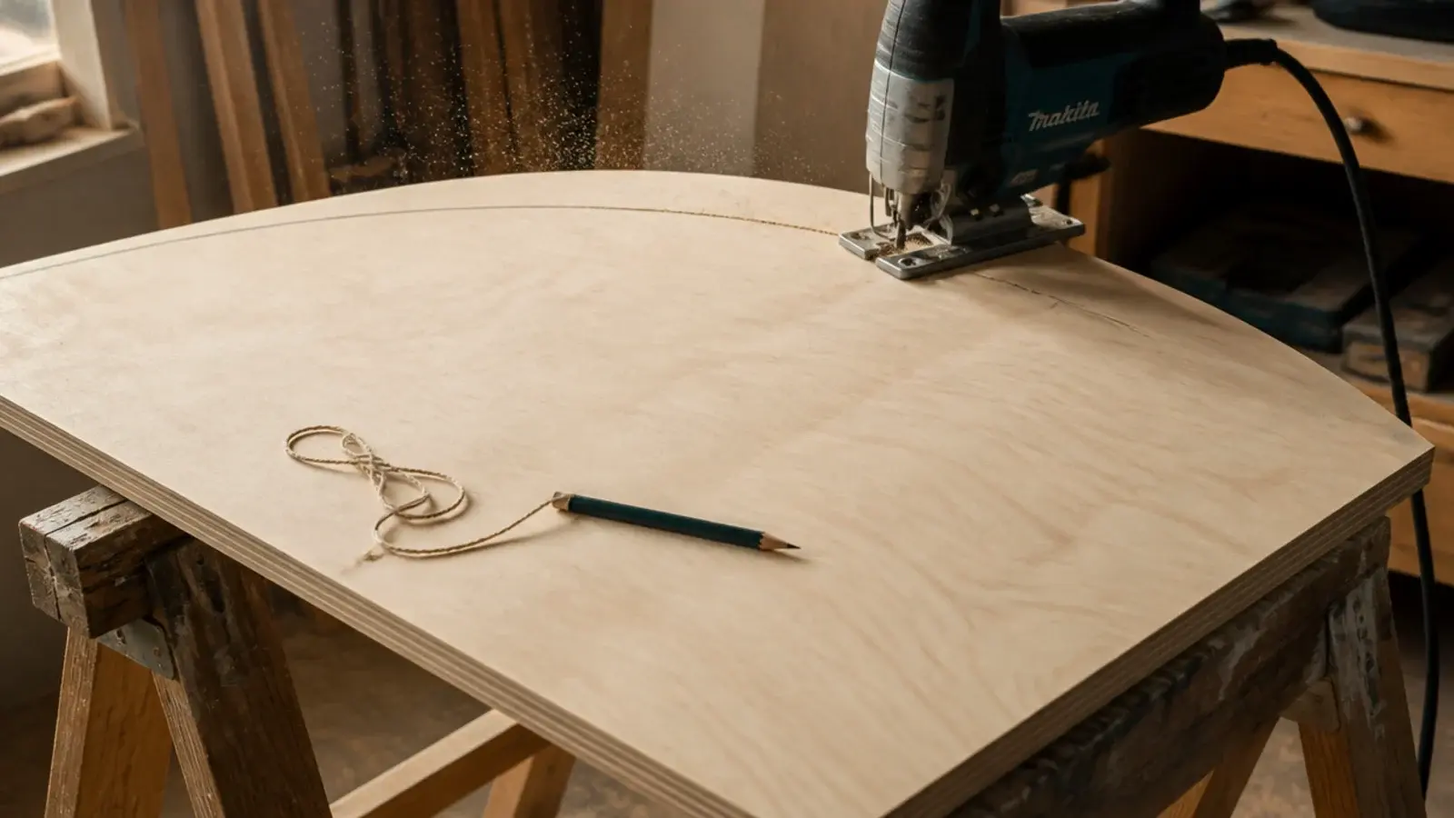 jigsaw cutting a shallow arch along the top edge of a headboard panel