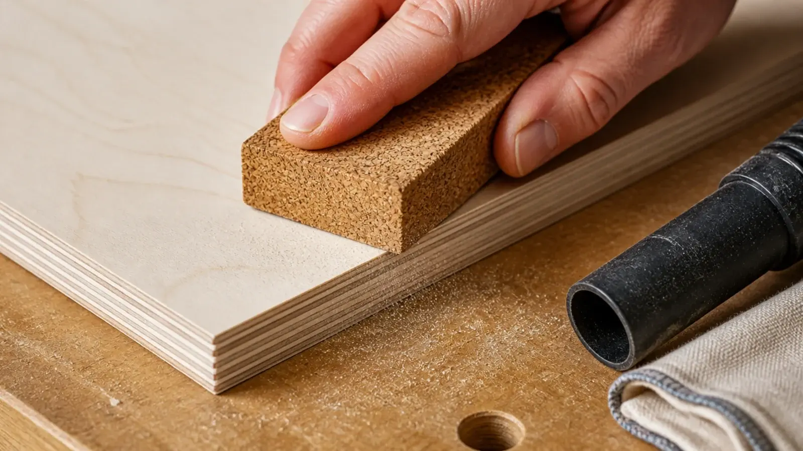 sanding block rounding the cut edge of a plywood headboard panel